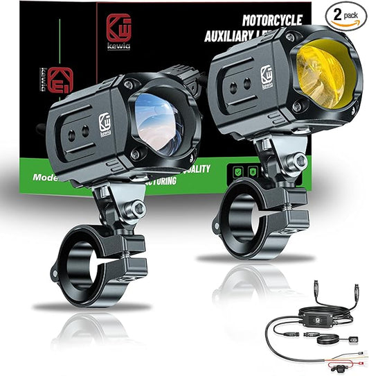 Kewig Motorcycle Auxiliary LED Light Kit Driving Spotlights White/Amber Fog Light with Mount Brackets Wire Harness Waterproof 60W Offroad Work Lights Compatible with Motorcycle J-eep Car Truck