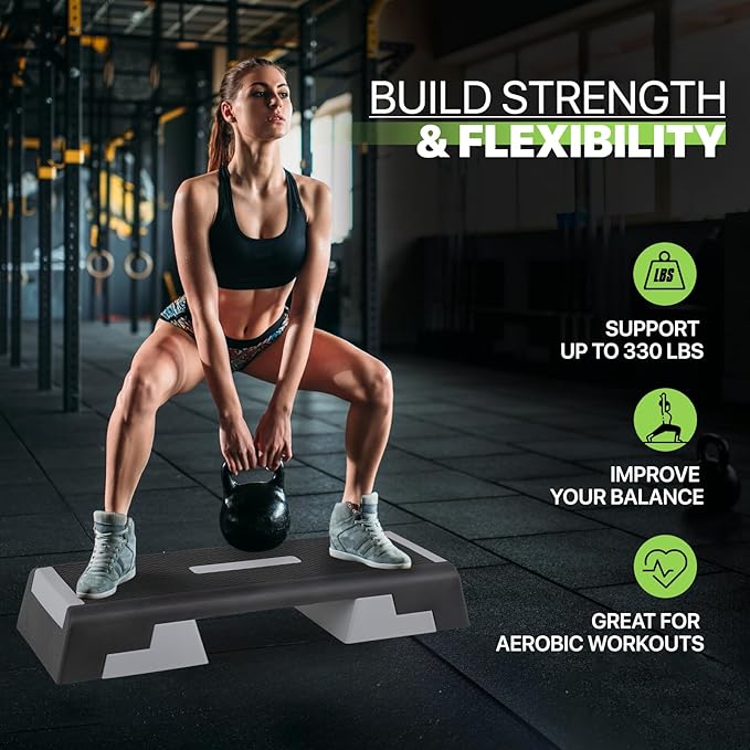Aerobics Stepper Platform for Exercise Adjustable Compact Workout Step for Cardio, Core and Strength Training