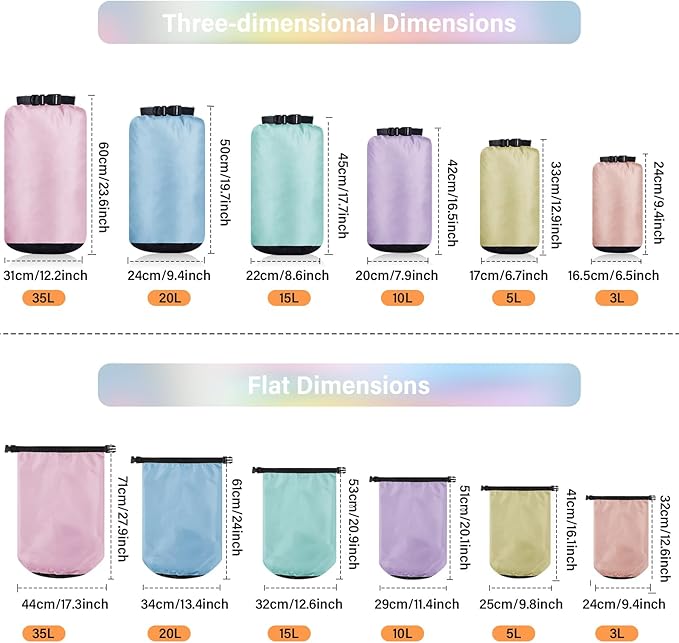 6 Pcs Waterproof Dry Bag Sack Lightweight Outdoor Dry Bags 35 L, 20 L, 15 L, 10 L, 5 L, 3 L Waterproof Boat Bag for Kayaking, Backpacking, Hiking, Camping Rafting (Macaron Color)