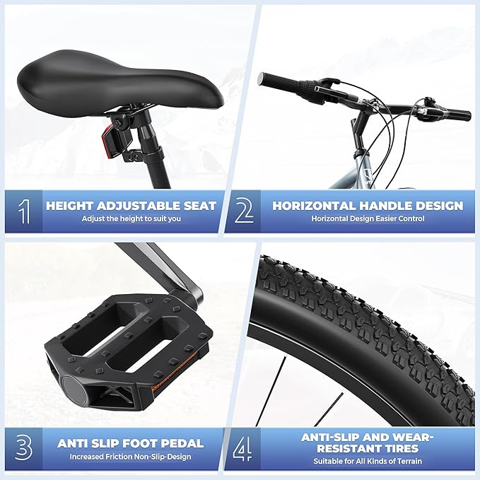 26" Mountain Bike - 1/7-Speed Lightweight High-Carbon Steel Frame, V Brakes & Front Suspension - Adjustable Ergonomic Seat for Men & Women(Quick Assembly, Multiple Colors)