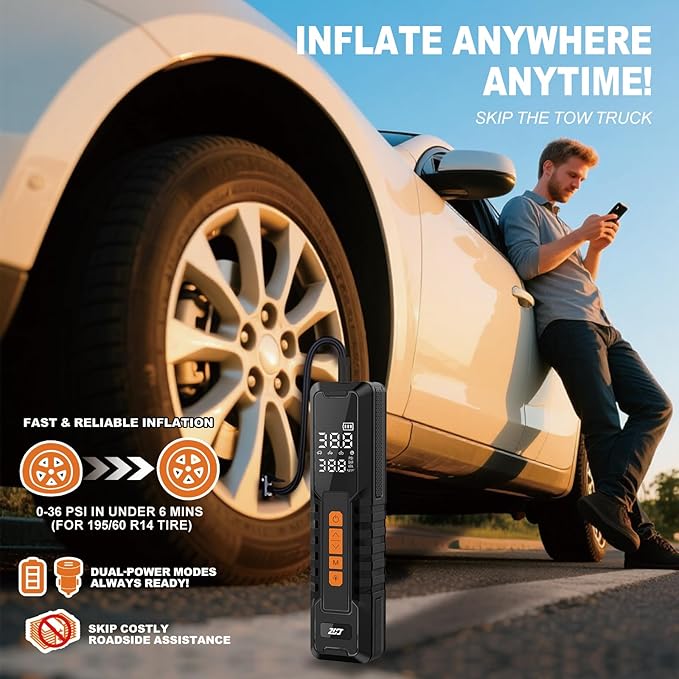 Tire Inflator Portable Air Compressor, Air Pump for Car Tires, Bike Pump, Portable Tire Inflator for Car, Motorcycle, Bicycle, Balls - 150PSI, 6000mAh Battery, LED Light Auto Shut-Off Function