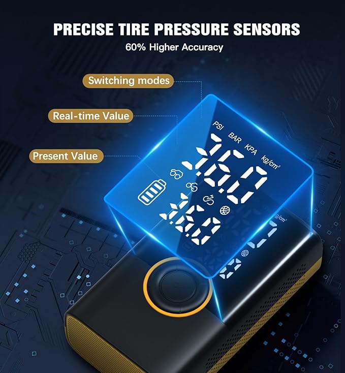 Tire Inflator Portable Air Compressor Portable Cordless Mini Air Pump with Digital Pressure Gauge Inflater 150PSI Fast Inflation and Auto Shutoff Function Tires Pump for Cars Motorcycles Bikes(Yellow)