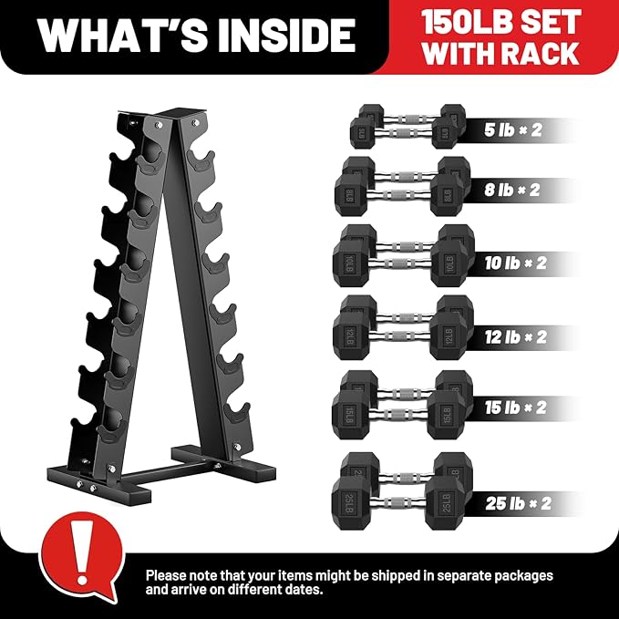 PAPABABE Dumbbell Set with Rack, Rubber Encased Hex Dumbbell Free Weights Dumbbells Set with Storage Rack, Home Weight Set