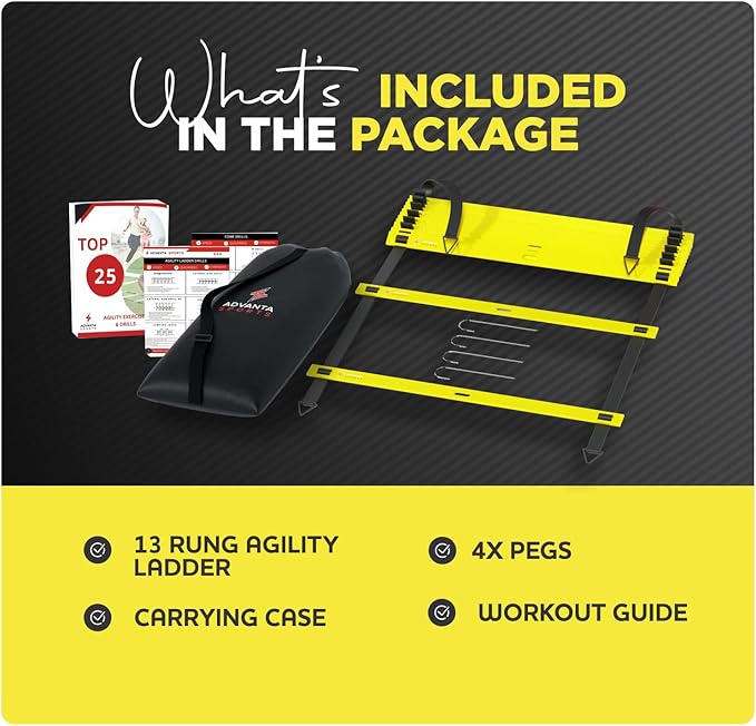 DELUXE EDITION Agility Ladder Training Set - 13 Rung 21ft Agility Ladder w/13 Disc Cones, Carry Bag - Improve Speed & Strength Soccer, Football, Basketball w/4 Steel Pegs for Outdoor Workout Charts
