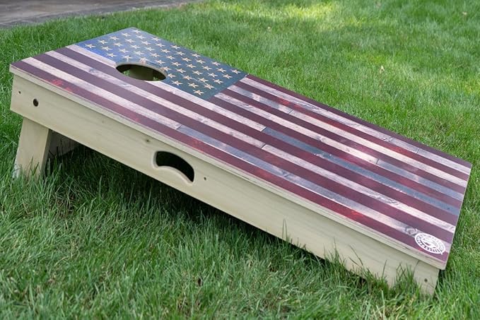 Slick Woody's Professional-Grade Cornhole Boards - 4'x2' Solid Wood Regulation Woodgrain Flag Bean Bag Toss Game with 8 Resin Filled Bags