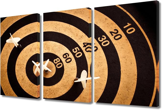 TUMOVO Dart Board Canvas Wall Art Sports Theme Paintings Black and White Wall Art 3 Panel Dart Hits the Bullseye Pictures Artwork for Home Club Walls Stretched and Framed Ready to Hang(24" Wx36 H)