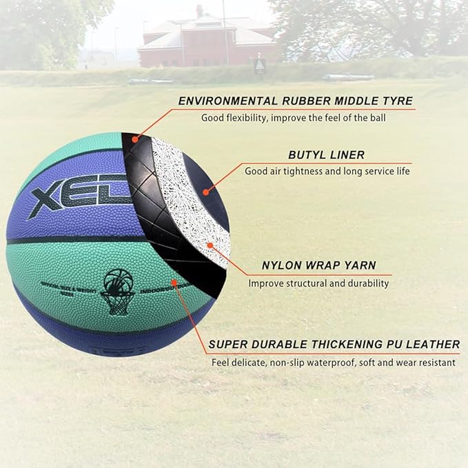 XEDGE Basketball 28.5” Size 6 Indoor Outdoor Leather Basketball Set