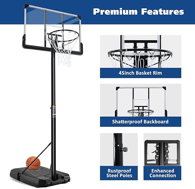 Basketball Hoop Outdoor 6.7FT-10FT Adjustable 44 Inch Backboard Portable Basketball Hoop Basketball Goal with Sandbag Basketball System Large Base and Wheels for Adults Youth in Backyard Driveway