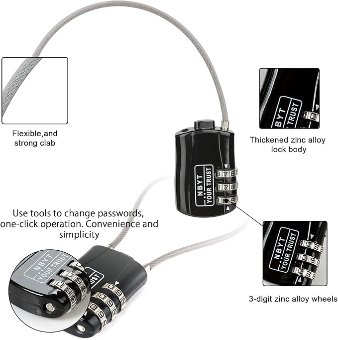 3-Digit Steel Cable Combination Padlock, Wire Diameter 3/24", 24" Circumference,for Travel Luggage, Backpack, Cycling Helmet, Small Cabinet, Gym Cabinet, Suitcase