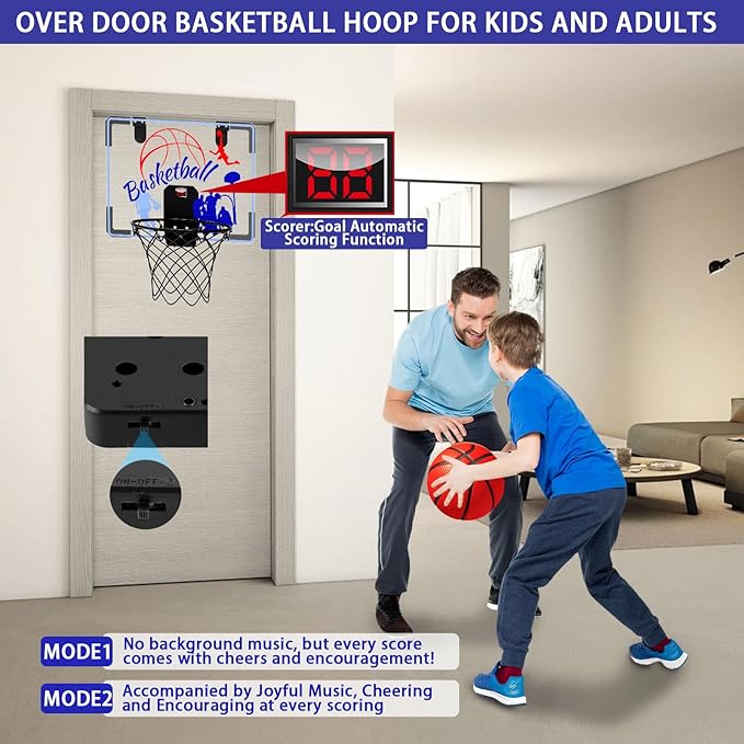 Basketball Hoop Indoor for Kids 4-12 Years Old, Over The Door Mini Hoops with 4 Balls, Scoreboard & Music Accompaniment, Cheering Sounds, Indoor Basketball Hoop Sports Toy Gift for Boys Girls