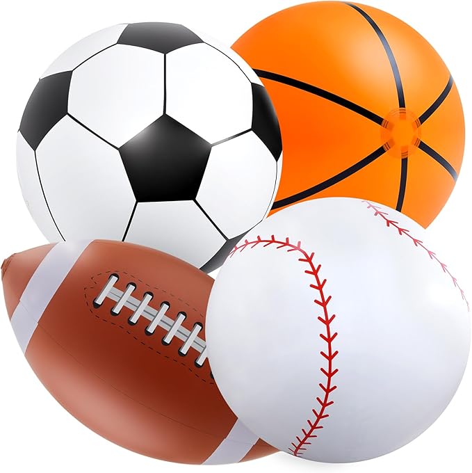 Lewtemi Giant Inflatable Sports Balls Large Inflatable Beach Ball Baseballs Soccer Rainbow Basketball Football for Sport Birthday Party Favor(4 Pcs,Soccer, Baseball, Basketball, Football,27 Inch)