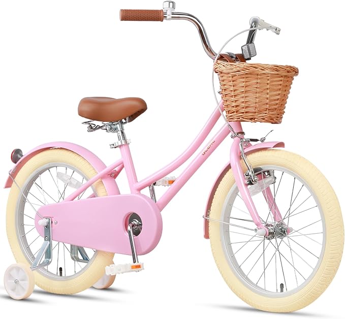 Glerc Little Molly 12-20 Inch Kids Retro Cruiser Bike for 2-13 Year Old with Wicker Basket & Training Wheels/Kickstand, Multiple Colors