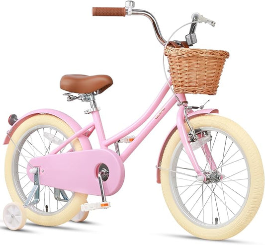 Glerc Little Molly 12-20 Inch Kids Retro Cruiser Bike for 2-13 Year Old with Wicker Basket & Training Wheels/Kickstand, Multiple Colors