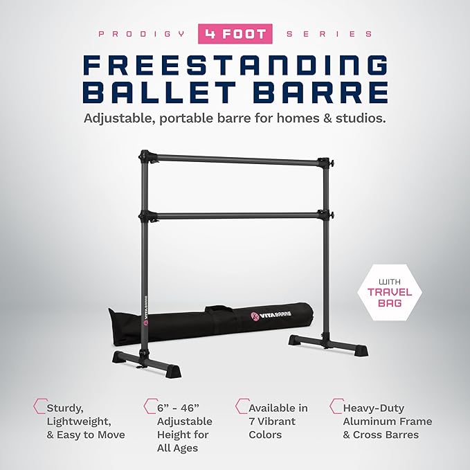 VITA Barre Portable Freestanding Double Ballet Barre, Prodigy, with Carry Bag | Adjustable Height, USA Made, Home or Gym Exercise Equipment for Kids & Adults | Dance, Fitness, Pilates