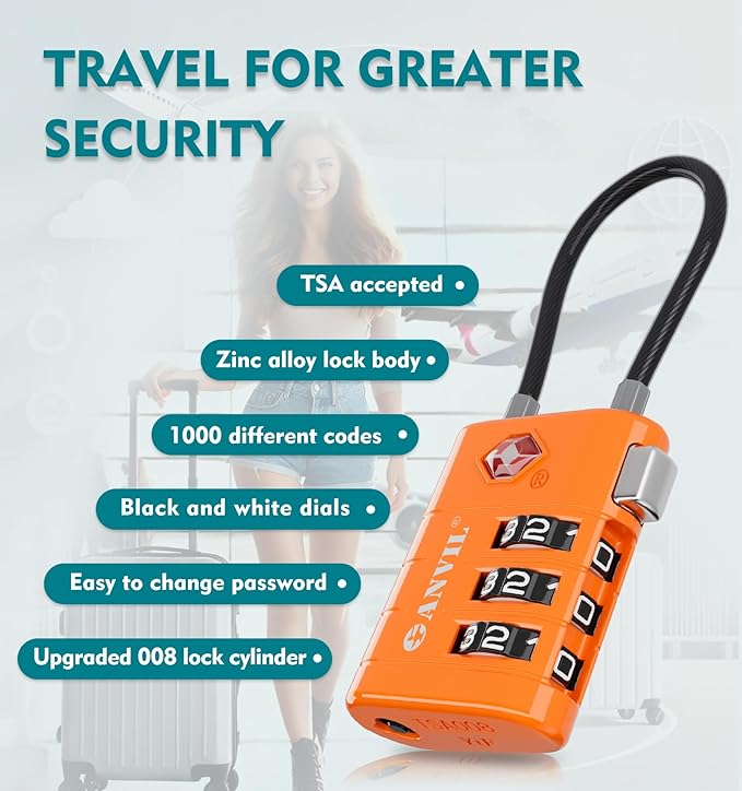 ANVIL TSA Approved Luggage Locks – High Security TSA008 Combination Travel Locks with Inspection Indicator for Suitcases and Backpacks. (4, Orange)