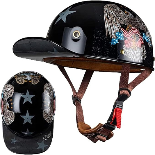 Vintage Baseball Cap Open Face Motorcycle Helmet - DOT Approve,GermanStyle Half Helmet for Adults, Ideal for Cruiser, Scooter & Moped, Unisex Design