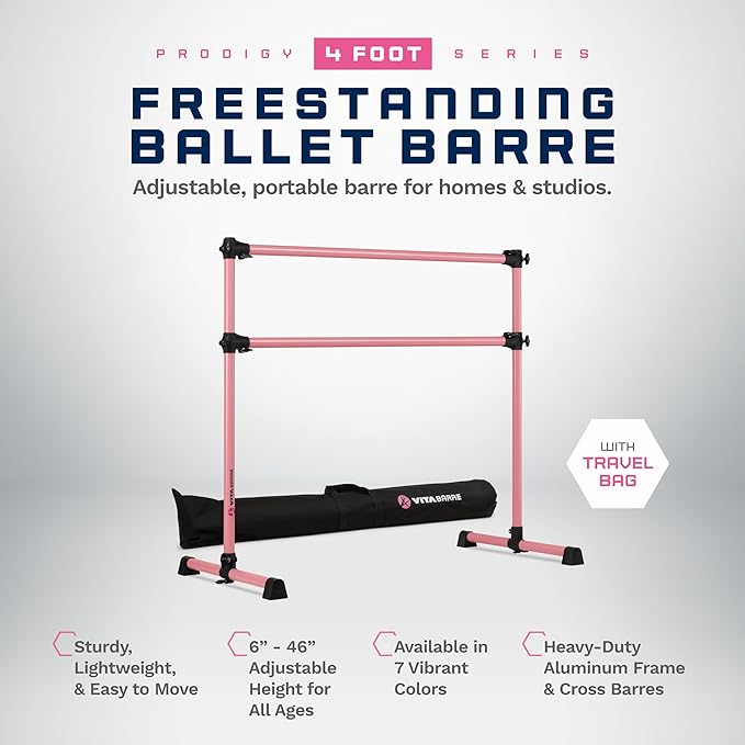 VITA Barre Portable Freestanding Double Ballet Barre, Prodigy, with Carry Bag | Adjustable Height, USA Made, Home or Gym Exercise Equipment for Kids & Adults | Dance, Fitness, Pilates