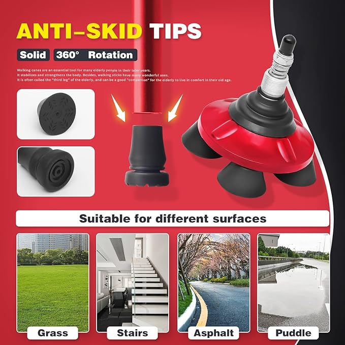 BigAlex Folding Walking Cane with LED Light,Pivoting Quad Base,Adjustable Walking Stick with Carrying Bag for Men/Women(5'5''-6'3'' Red)