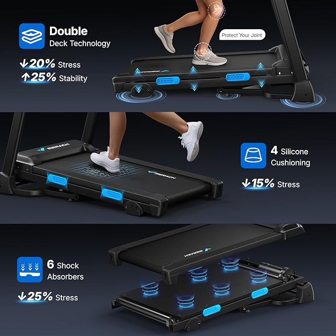 MERACH Foldable Treadmill with Incline, 7.5MPH Quiet Treadmills for Home with Double Deck Technology, 4 Silicone Shock Cushion, Heart Rate Monitoring,16.5" Wider Belt, APP