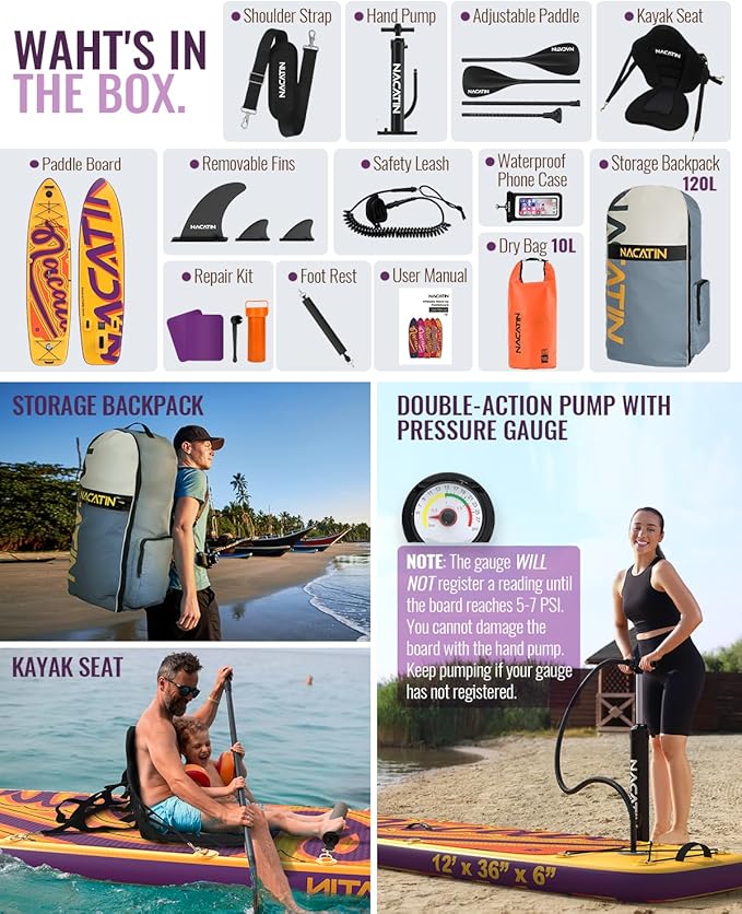 Inflatable Stand Up Paddle Board 12' with Kayak Seat & Dual Paddles – Premium SUP Board for Adults & Families Includes Kayak Conversion Kit, Pump, Leash & Accessories – Stable Wide Deck for Beginners