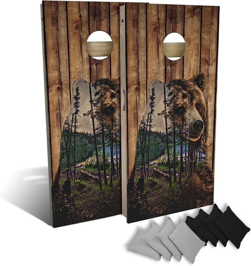 Slick Woody's Professional-Grade Cornhole Boards - 4'x2' Solid Wood Regulation Woodgrain Flag Bean Bag Toss Game with 8 Resin Filled Bags