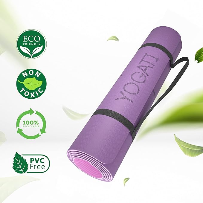 YOGATI® Non Slip Yoga Mat with Alignment Lines. Home Workout Mat for Women, Men and Kids. Thick Yoga Mats with Strap for Pilates and Fitness.