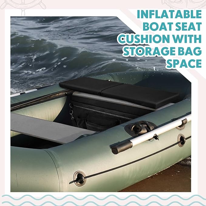 35 x 14 Inch Dinghy Boat Seat Cushion and Underseat Storage Bag with Pockets Black Thick Sponge Seat Bench Cushion for Inflatable Boat Water Resistant Outdoor