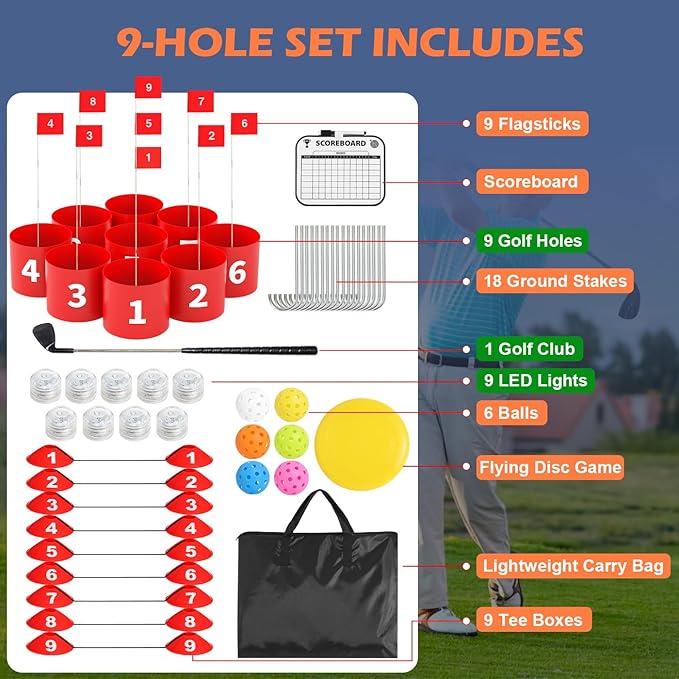FOOING Golf Game LED with 1 Club, 9 Hole Practice Golf Backyard Game Set for Adults and Family Outdoor Indoor, Plastic Battle Yard Game with Balls and Flag for Lawn, Beach, Camping and Park