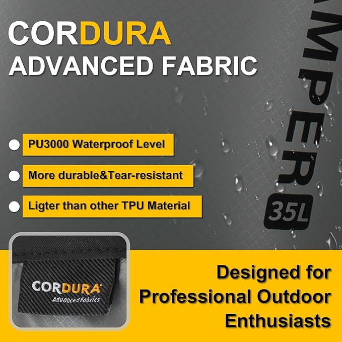 Waterproof Dry Bag-Upgraded Tear-resistant CORDURA Fabric-Durable&Lightweight Roll Top Dry Sack with Survival Whistle-Perfect for Hiking, Camping, Kayaking&Beach-Float on Water(35L/Grey)