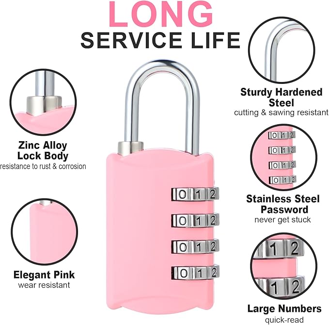 DELSWIN Small Combination Lock for Locker, 4-Digit Mini Combo Lock for Backpack and Luggage, [Sakura Pink] Combination Padlock for School Gym Locker (Pack of 4)