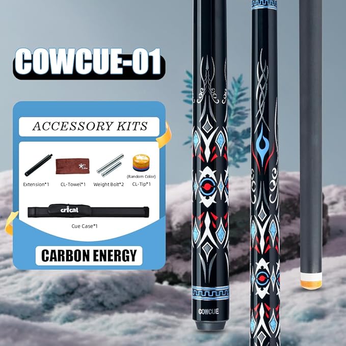 CRICAL Carbon Fiber Pool Cue COWCUE Series Low Deflection Billiards Cue Stick 58" Professional Pool Table Sticks for Adults -12.5mm Tip, Weight 19OZ (Adjustable), 3/8 * 8 Joint