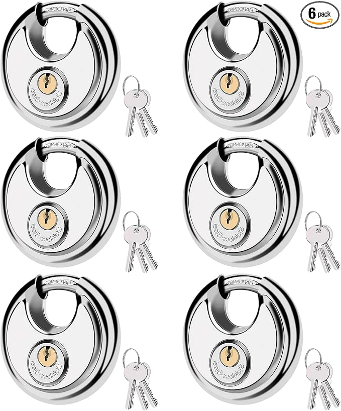 70MM Discus Padlock with Same 3 Brass Keys,304 Stainless Steel Disc Lock with Brass Gallows to Prevent Rusting,Thick Sturdy Hook to Prevent Picking.6 Pack-XZJYYF