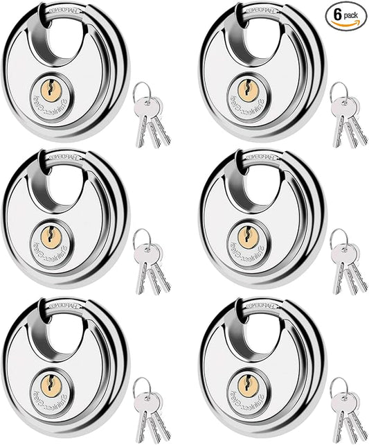 70MM Discus Padlock with Same 3 Brass Keys,304 Stainless Steel Disc Lock with Brass Gallows to Prevent Rusting,Thick Sturdy Hook to Prevent Picking.6 Pack-XZJYYF