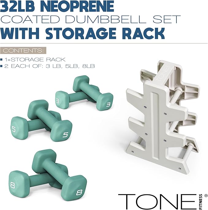 Tone Fitness Neoprene Dumbbell Set with Storage Rack – Non-Slip, Anti-Roll Hand Weights for Home Gym Workouts | 20 lb, 32 lb, & 50 lb Options