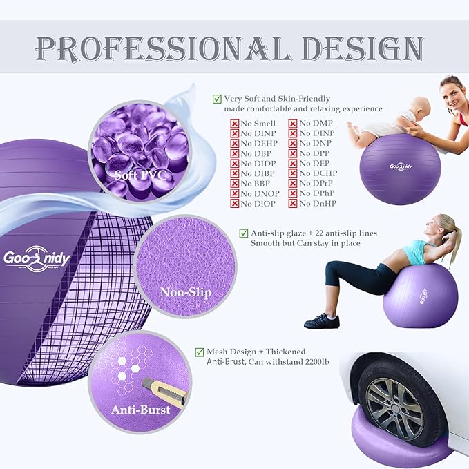 Soft Exercise ball, Anti-Burst Yoga Ball Chair Supports 2200lbs, Workout Equipment w/ Pump for Women Pregnancy, Medicine, Birthing, Physical Therapy, Stability, Excersing, Birth, Swiss, Fitness, Gym