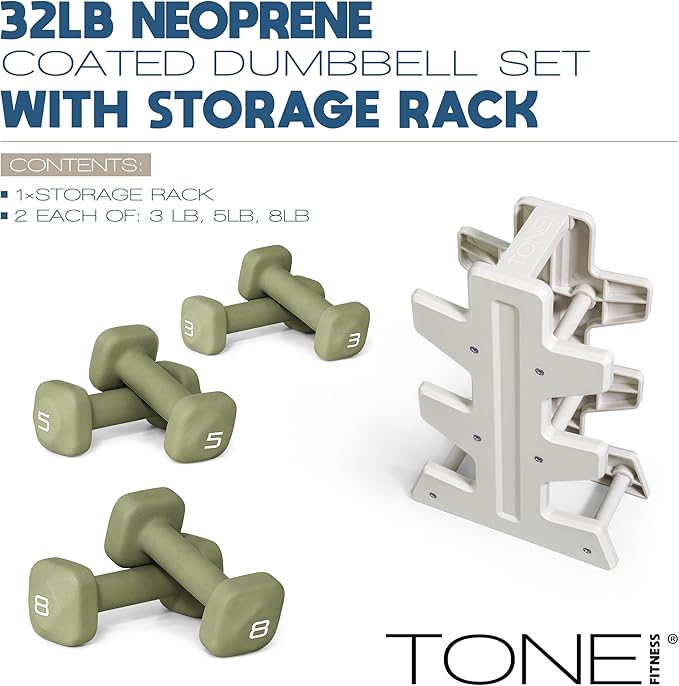 Tone Fitness Neoprene Dumbbell Set with Storage Rack – Non-Slip, Anti-Roll Hand Weights for Home Gym Workouts | 20 lb, 32 lb, & 50 lb Options