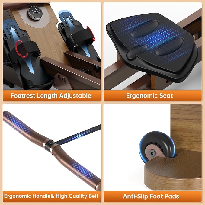 Water Rowing Machines for Home, Rower Machine with 12 Propellers & 28L Large Water Tank, 6-Level Resistance, with Multifunctional Display and Adjustable Stand, Max Load 330LBS