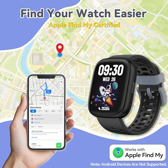 Fitness Tracker for Kids No APP No Phone Needed, Compatible with Apple Find My, 1.83" Smart Watch, Heart Rate, Sleep Monitor, IP68 Waterproof, Step Counter, Puzzle Games for Girls Boys Teens 5-16
