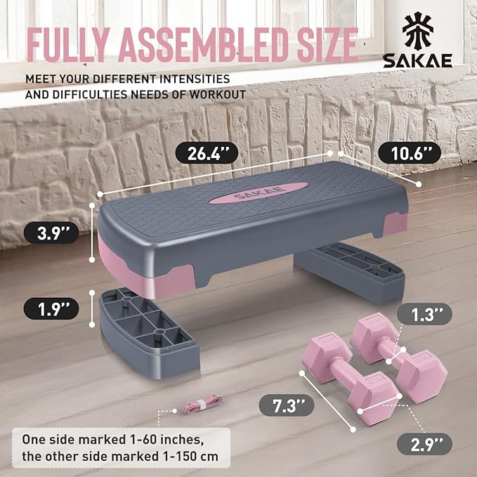 Aerobic Stepper Set with Dumbbells & Measuring Tape, Adjustable Height 2 Level Risers Workout Exercise Step Platform, 4 Colors, the Ultimate Gift for a Joyful Holiday and Merry Christmas