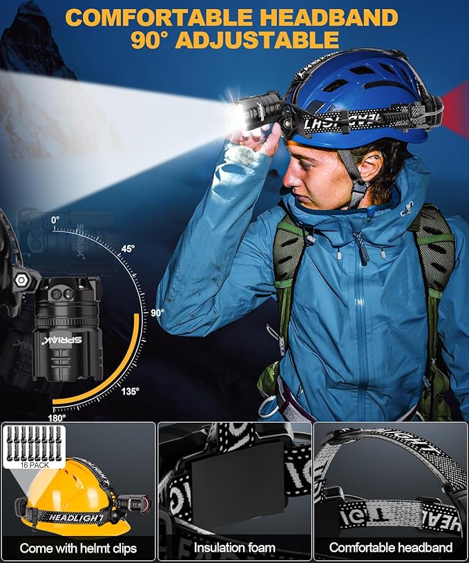 High Lumens LED Headlamp& 100H Using Time, USB Rechargeable Head lamp, 90° Adjustable Widebeam Motion Sensor Head Light with 5 Modes,Zoomable for Camping Running Hiking,Hard Hat Headlamps 4pc