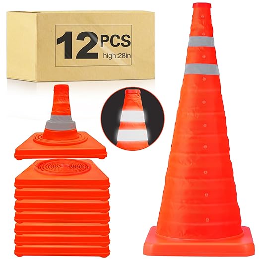 [12 Pack]28 Inch Collapsible Traffic Safety Cones - Parking Cones with Reflective Collars, Orange Safety Cones for Parking lot, Driveway, Driving Training etc