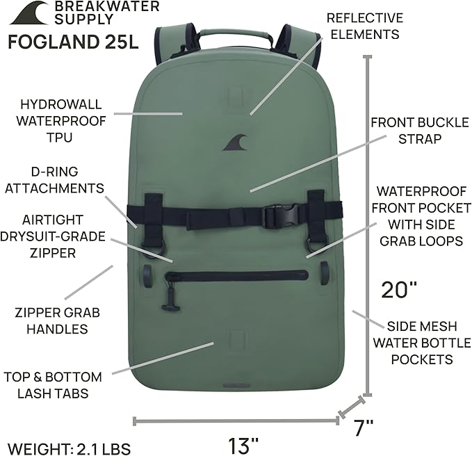 Breakwater Supply™ Waterproof IP68 Submersible Backpack with Airtight Zippers | Laptop Travel Outdoors | Fogland 25L 20L 15L