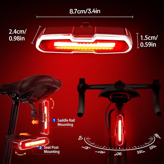 Bike Tail Light Powerful 110 Lumens - Bicycle Light 5 Modes Red/Blue, Waterproof IP64, Rechargeable USB-C, Quick Release Brackets for Saddle & Seatpost, DON PEREGRINO B2 Rear Bike Light