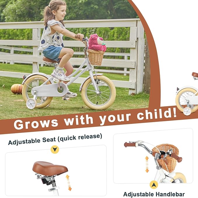 Glerc Little Molly 12-20 Inch Kids Retro Cruiser Bike for 2-13 Year Old with Wicker Basket & Training Wheels/Kickstand, Multiple Colors