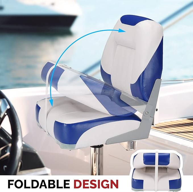 PEXMOR Boat Seats Low/High Back, Folding Boat Seat Included, Fold-Down Fishing Boat Seats Waterproof Captain Boat Seat w/Aluminum Hinges & Thick Soft Cushion, 2 Packs (Low Back-Blue & White)