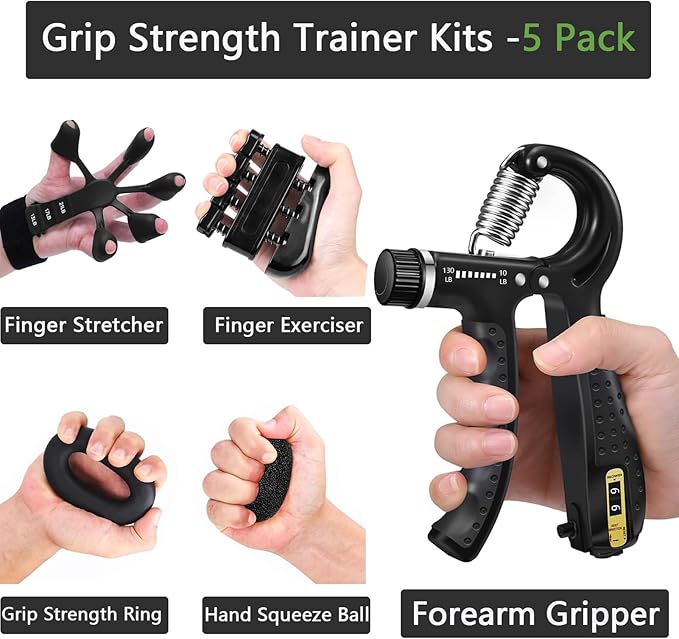 Grip Strength Trainer Kit (5 Pack), Grip and Forearm Strengthener, Finger Strengthener, Adjustable Resistance Hand Gripper, Grip Ring, Stress Relief Ball for Muscle Building, Injury Recover