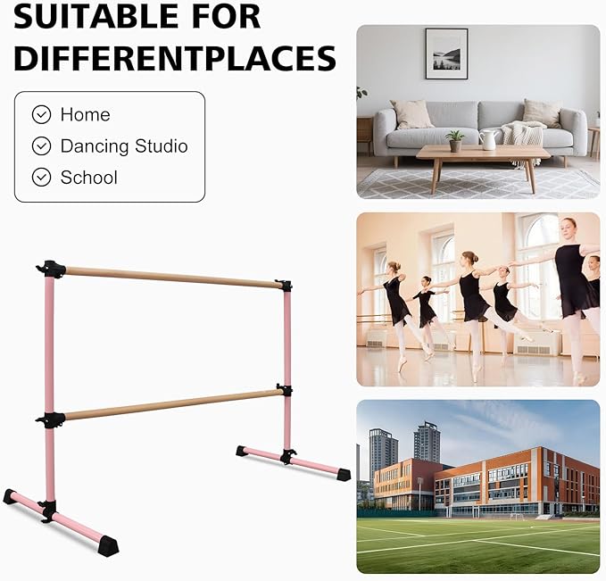4FT/6FT Freestanding Ballet Barre Wood/Steel Height Adjustable from 7 to 46 inch Ballet Bar Portable Double Dance Bar for Home Workout and Stretch