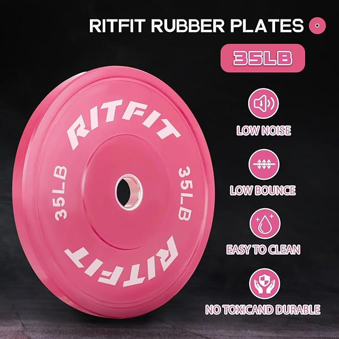RITFIT Pink Weight Plates, 2 Inch Olympic Barbell Weight Plate, Bumper Plates With Steel Insert, Pink Weights for Gym and Home