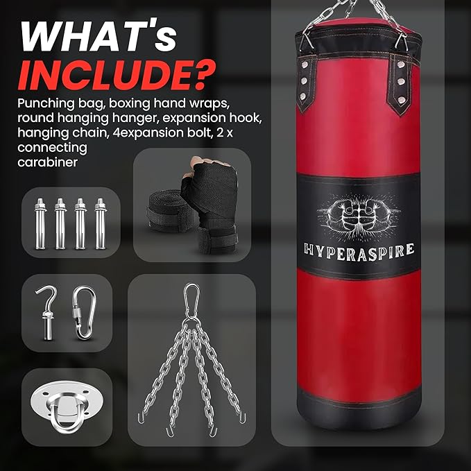 Punching Bag for Adults, 120cm PU Leather Boxing Bag with Foam Lining, Bag with Chain Ceiling Hook, Hand Wraps, and & Hand Wraps etc, Set for MMA Kickboxing Boxing Karate Home Gym Training (Unfilled)