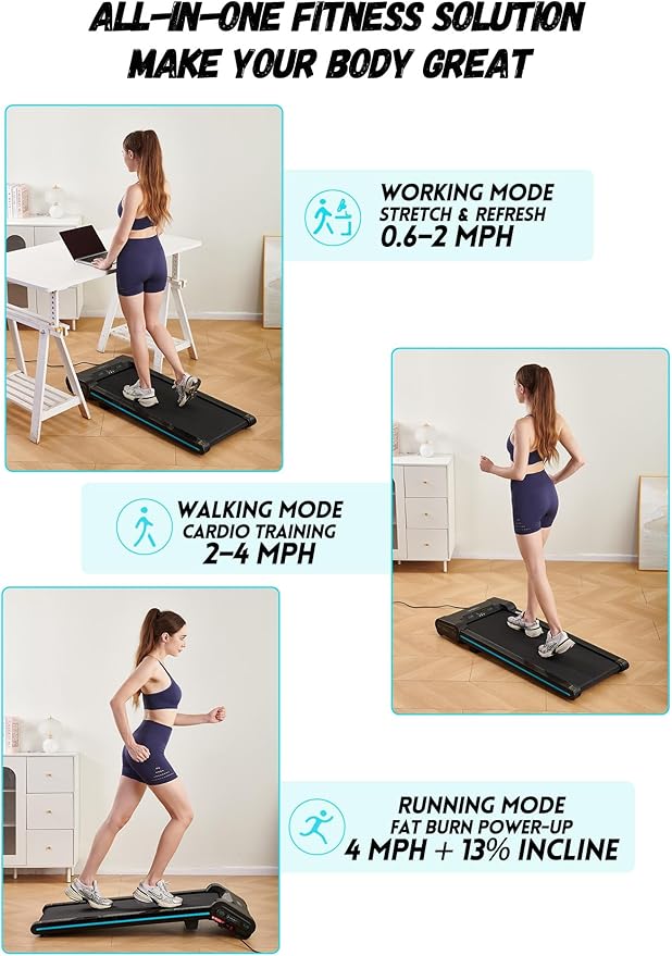 Treadmill with Auto Incline Walking Pad Underdesk for Home Office Potable Compact Running Machine Jogging Caminadora para Casa Up to 13% 6 Levels with Remote Control Indoor Fitness Black